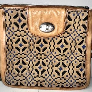 Vintage Fossil Marlow Jacquard Birds Eye Crossbody Handbag Purse Tan Blue